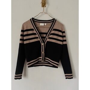 Cyrus neutral capsule Striped Cropped Cardigan Sweater Black Tan Gold Buttons XS